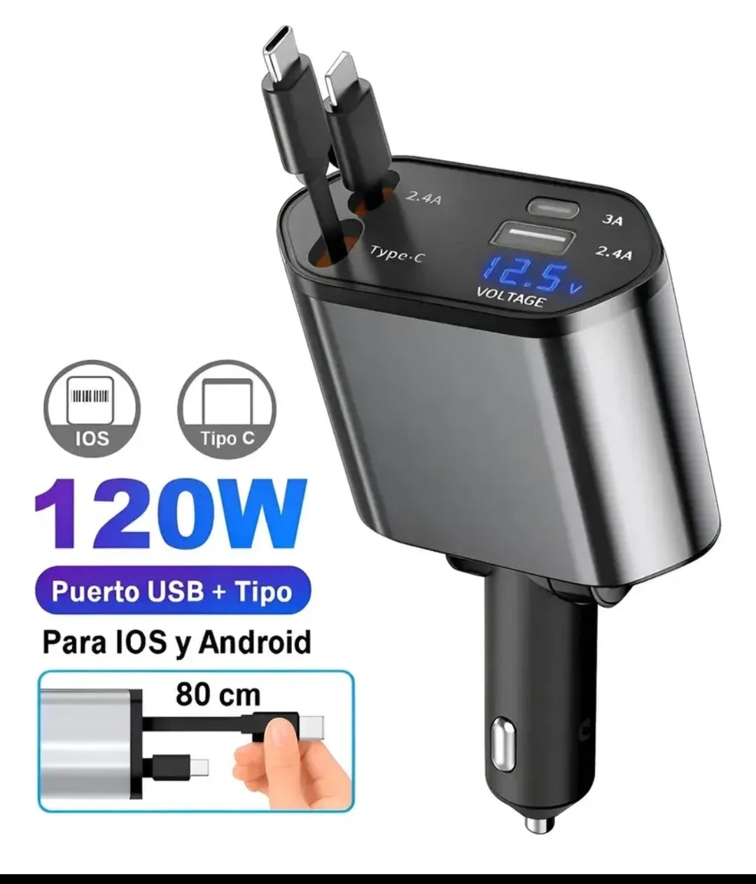 Cargador 4 en 1 para Carro carga rapida Luz led